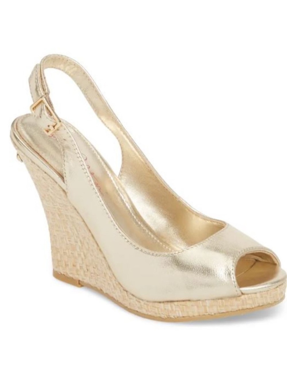 Lilly Pulitzer Gold Peep-Toe Wedge Slingback Sandals Size 9.5